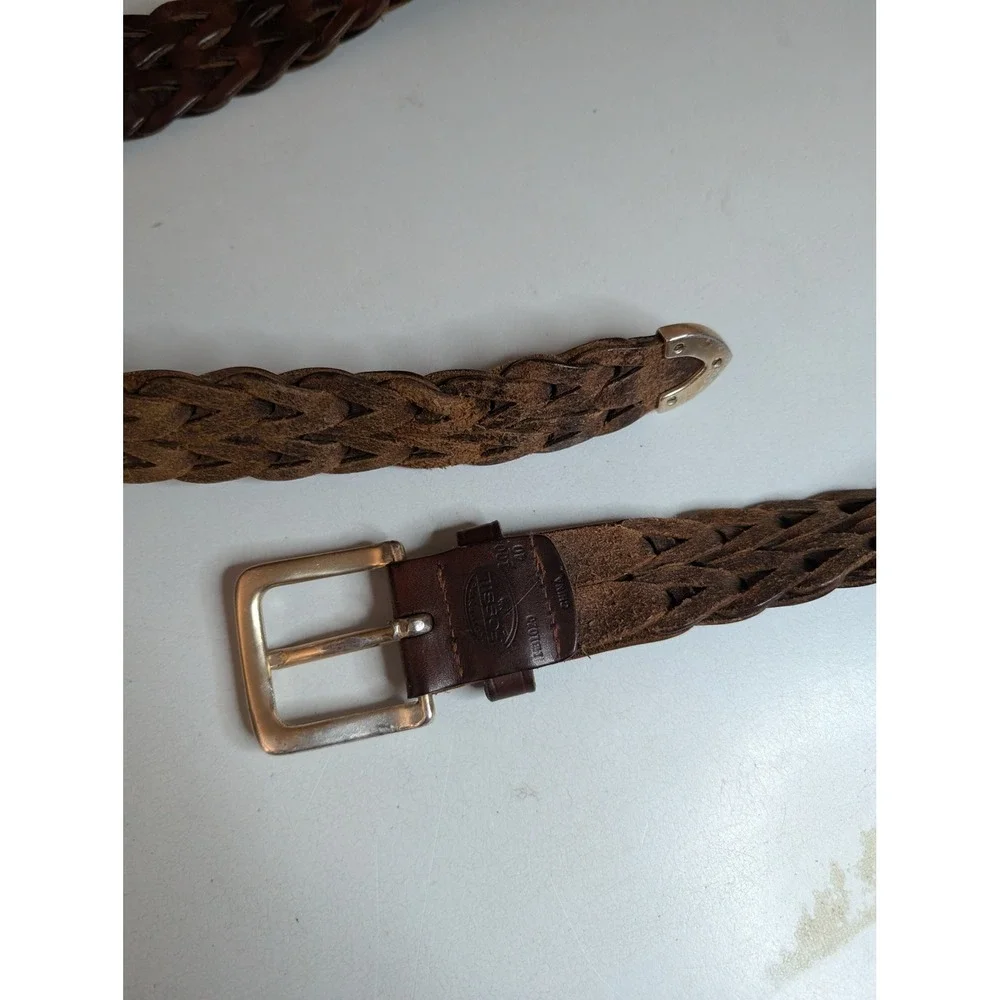 Fossil Brown Braided Leather Belt Silver Buckle Tip Size 40 B1020